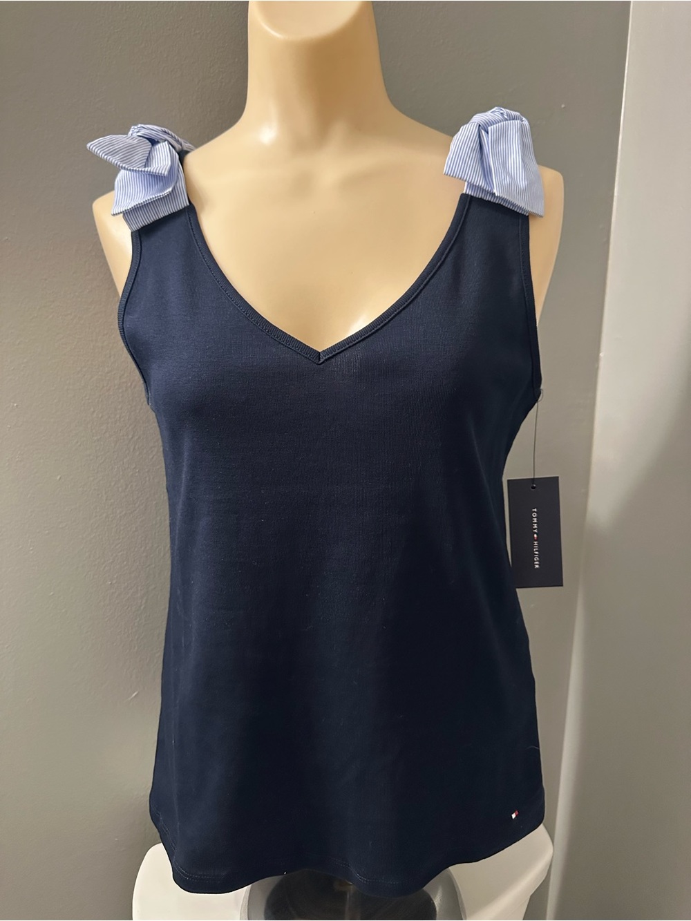Tommy Hilfiger Navy V-Neck Tank with Striped Tie-Shoulder Bows